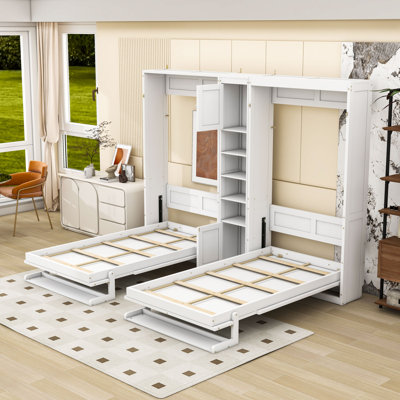 Lit escamotable double à double paroi avec armoires et tablettes intégrées