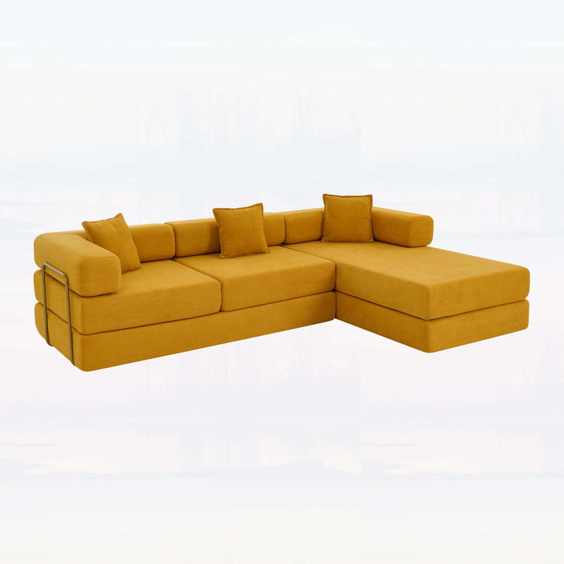 Canapé modulaire de 108 po avec méridienne en L et siège profond sans dossier pour un confort ultime, Yellow Corduroy, Yellow