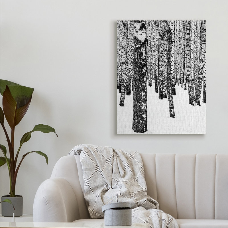 «Minimal Snowy Woods Landscape» en noir et blanc par Design Fabrikken - impression, H 40 po x l 30 po, Toile tendue