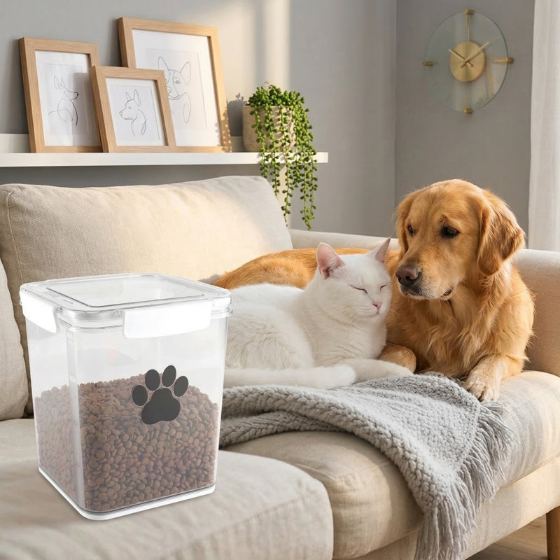 Contenant pour aliments pour animaux 4L hermétique, couvercles à boucle, plastique sans BPA, comprend une cuillère, blanc éclatant, pour chien, chat, graine d'oiseau
