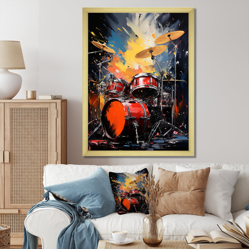Popart Music Drums - Décoration murale musique, Cadre doré simple, H 32 po x l 16 po x P 1 po