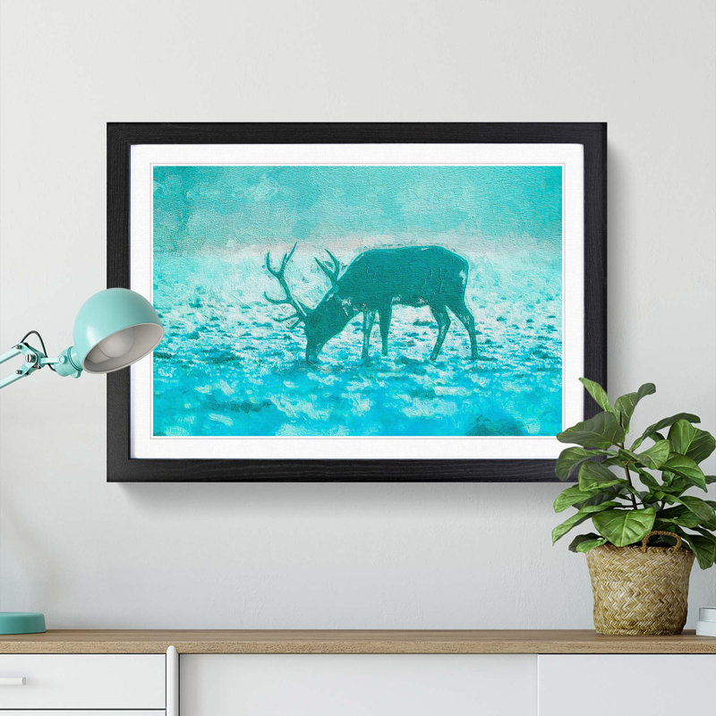 Grazing Stag in Abstract - Picture Frame Painting Print, 36cm H x 48cm W x 2cm D, Black Framed