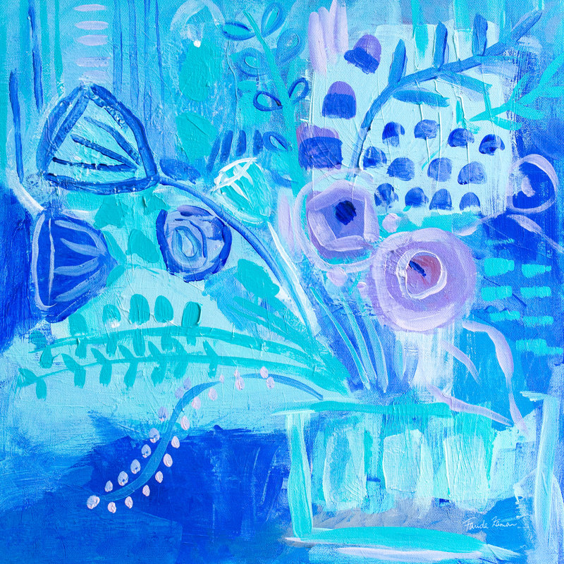 Bleu floral abstrait, bleu marine, cobalt, indigo, cyan, bleu sarcelle, mauve, roses, tiges, bouquet