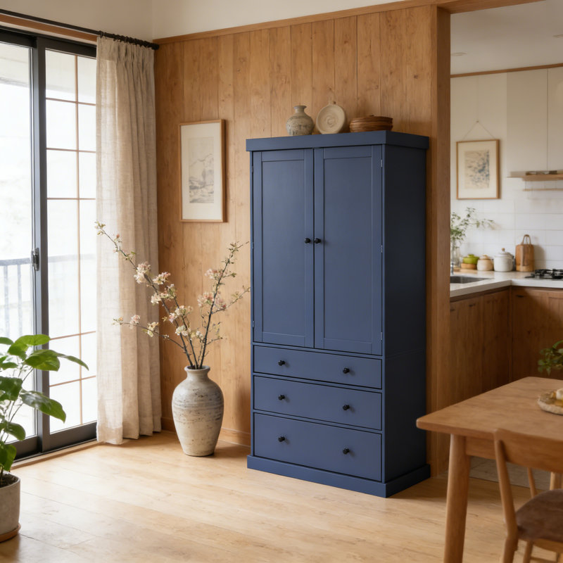 Armoire de rangement 77 po Farmhouse, armoire haute autoportante avec 3 tablettes réglables, 8 tablettes de porte, 3 tiroirs pour la cuisine, la salle à manger, bleu (SP000047)