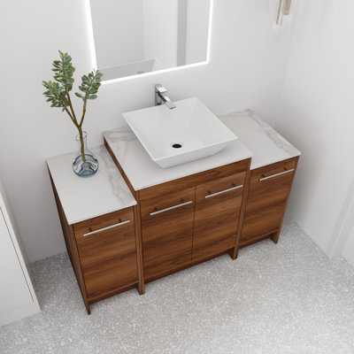 Meuble-lavabo autoportant simple de 48 po avec comptoir en céramique Kanheya, meuble-lavabo sur pied avec 4 portes et 3 tablettes