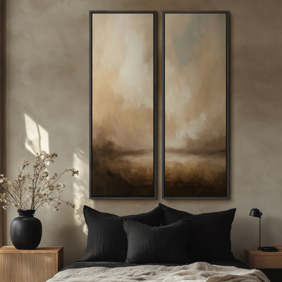 Brown Cloudscape Horizon Glow - Set of 2 Framed Wall Art Print on Canvas 60"x20"x2pcs