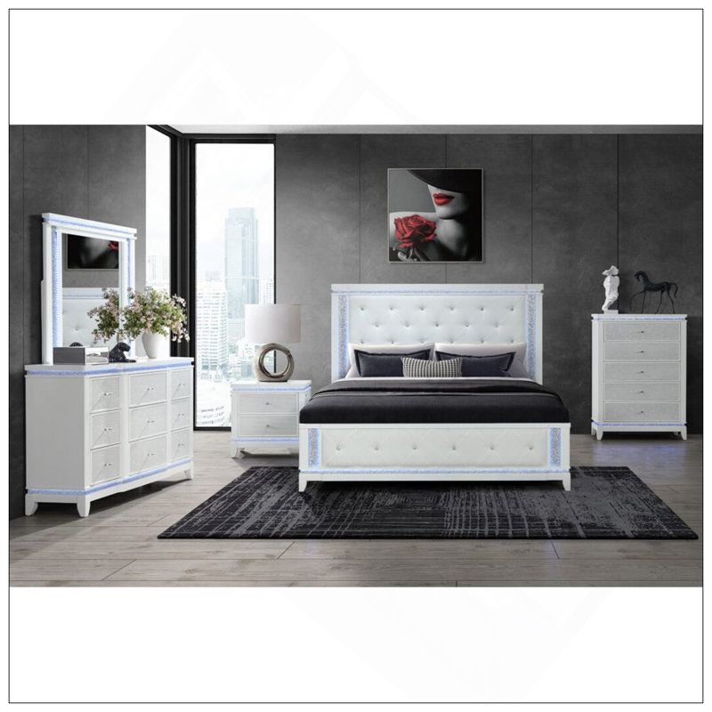 Très grand lit blanc avec éclairage à DEL, fabrication durable et assemblage facile pour une expérience de sommeil élégante et confortable