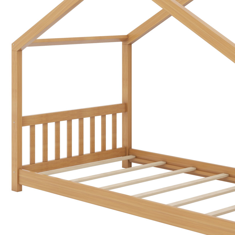 Structure de lit en bois avec clôture en bois, tête de lit et tête de lit, Naturel