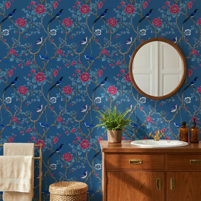 Papier peint floral avec oiseaux