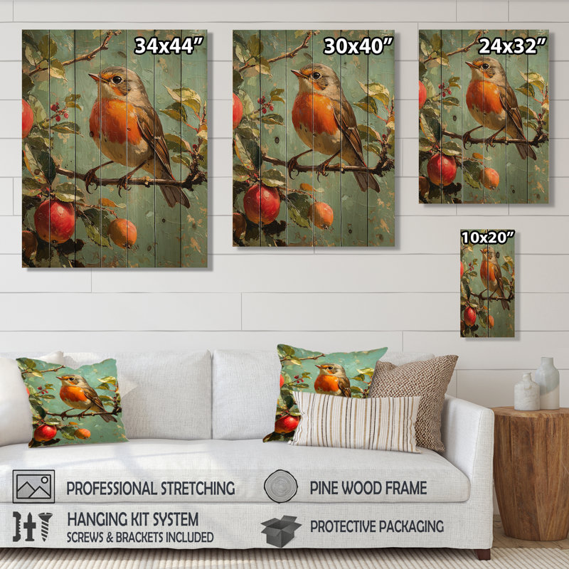 Oiseau robin dans la ferme, verger I - Art mural en bois d'oiseau - sur bois de pin naturel, H 20 po x l 10 po