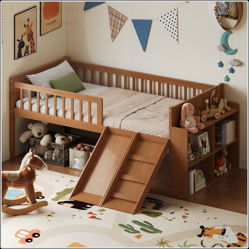 Twin Size Bed Frame with Storage Shelf, Slide, and Ladder, Walnut