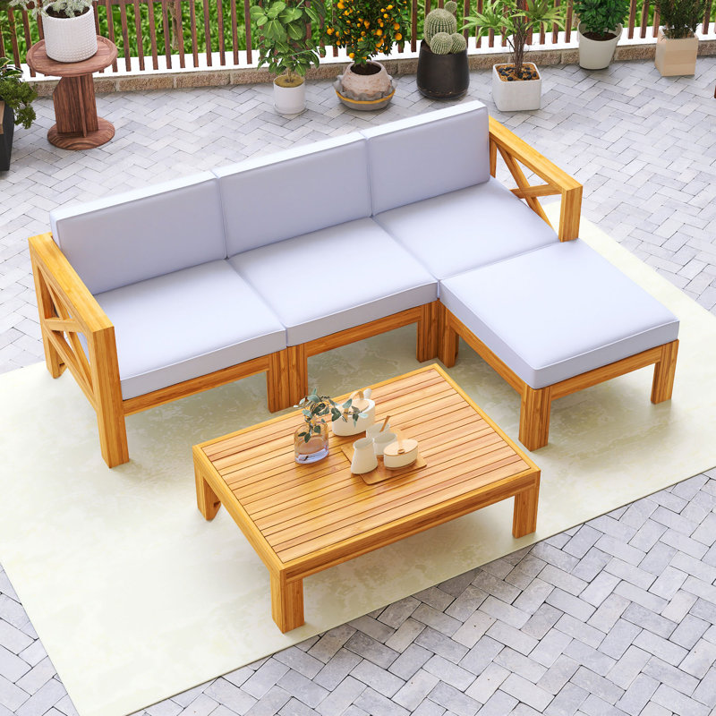 5-Piece Natural Wood Frame Outdoor Patio Sectional Sofa Sets With Cushion, Gray