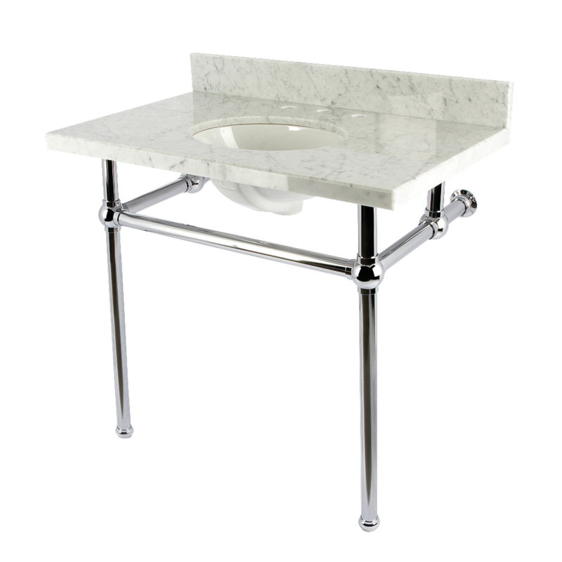Kingston Brass Templeton 36-Inch Carrara Marble Console Sink with Brass Legs (8-Inch, 3-Hole), Marble White/Polished Chrome