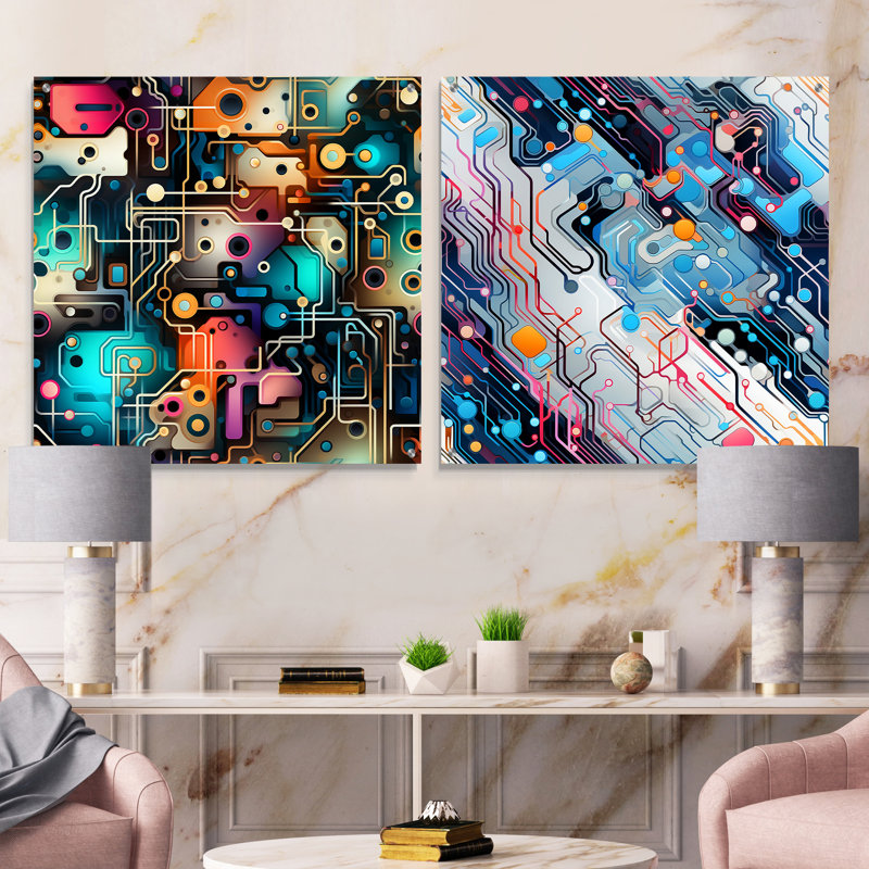 Culton - Ensemble de 2 peintures murales abstraites géométriques en acrylique, H 16 po x l 33 po