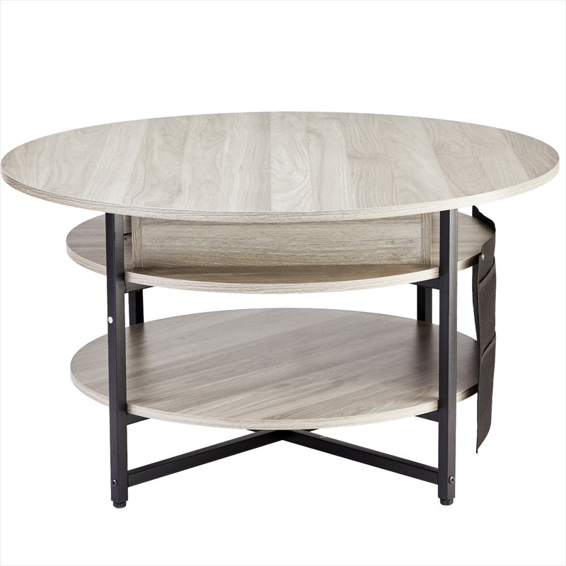 Table basse à plateau rond en fer avec rangement caché et finition gris ardoise, 35,3