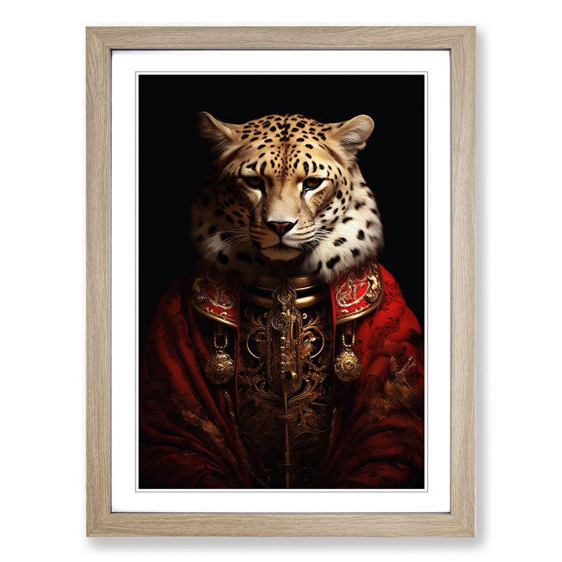Cheetah Baroque - Single Picture Frame Print on Wood, 34cm H x 25cm W, Oak Framed
