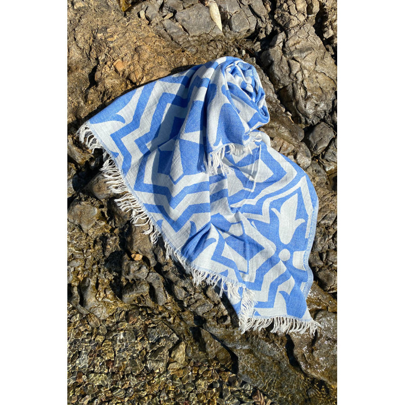 Luxueuse serviette de plage 100% coton Fouta, 35,4 po x 66,9 po | Hautement absorbant, doux et durable, 7,6 oz / pied carré | Lavable à la machine à 86-104 ° F, élégant design bleu | Parfait pour la plage, la piscine ou le spa