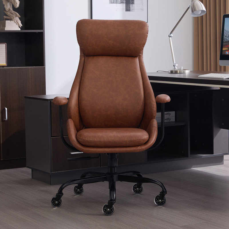 High-Quality PU Leather Office Chair with Premium Durable Construction, Silent Wheels, Easy Assembly, Brown, Brown