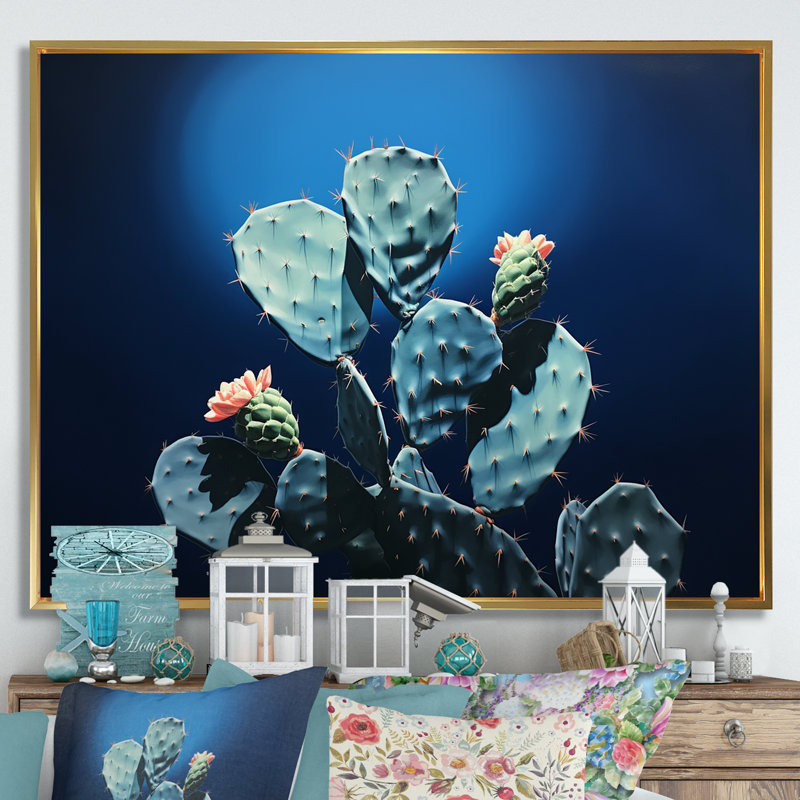Cactus saphir solitude I sur toile, H 12 po x l 20 po x P 1 po, Cadre flottant doré