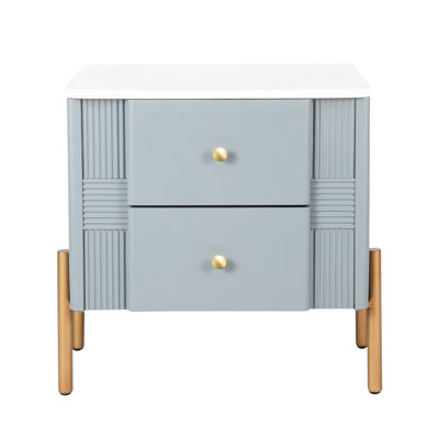 Modern Minimalist Blue Side Table With Fluted Design, Metal Button Handles, - Slip Legs, Multi Scene Use End 2 Drawers, Slides, Golden