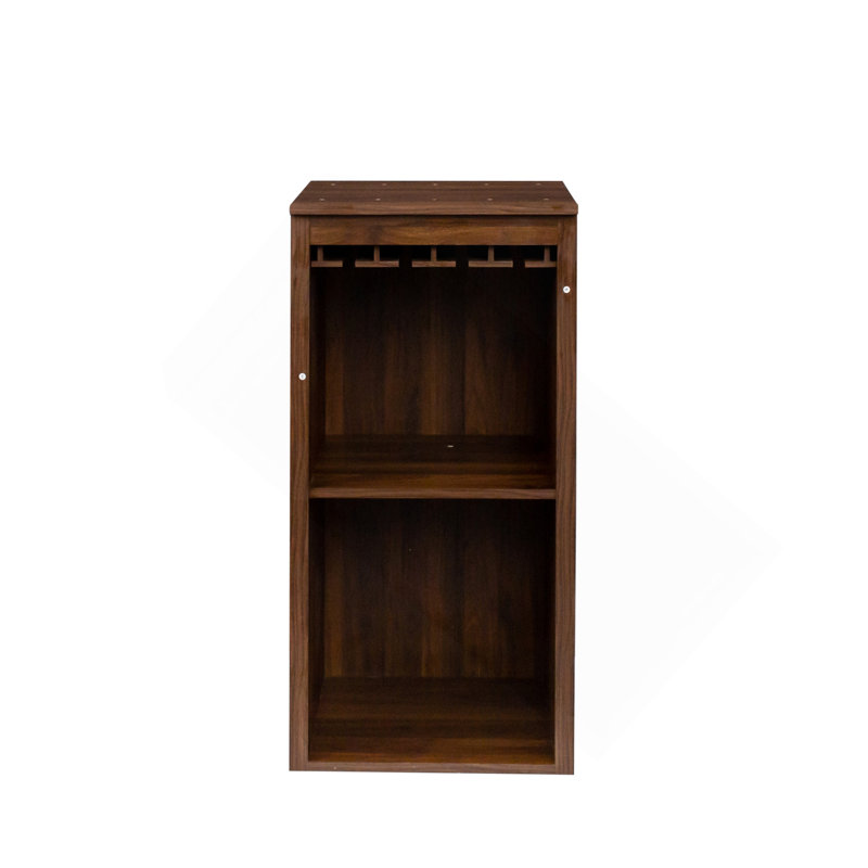 Armoire à vin modulaire de couleur brun noyer avec tablettes de rangement et huche pour salle à manger
