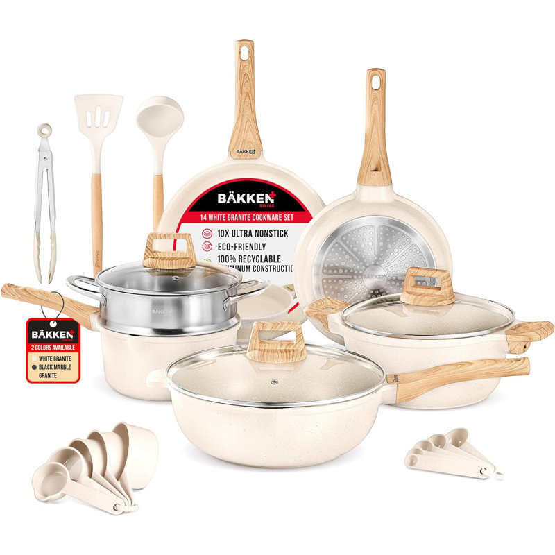 Cream 14-Piece Non-Stick Carbon Steel Cookware Set