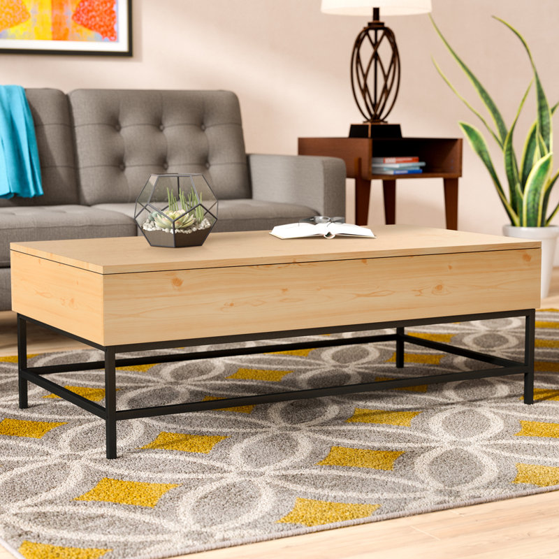 Table basse à quatre pieds avec plateau relevable et rangement, Chêne clair