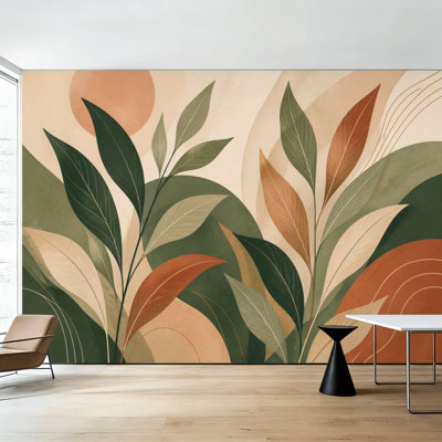 Peel and Stick Wallpaper Abstract Earthy Tones Organic Leaves Curved Shapes Wall Murals 100"H x 144"W Removable PVC Wall Paper Self-Adhesive Wall Decor for Bedroom Living Room Home Office