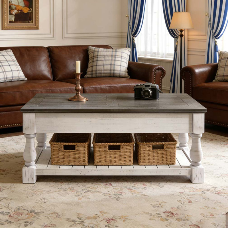 Table basse à plateau relevable Farmhouse, Antique White, Gris antique