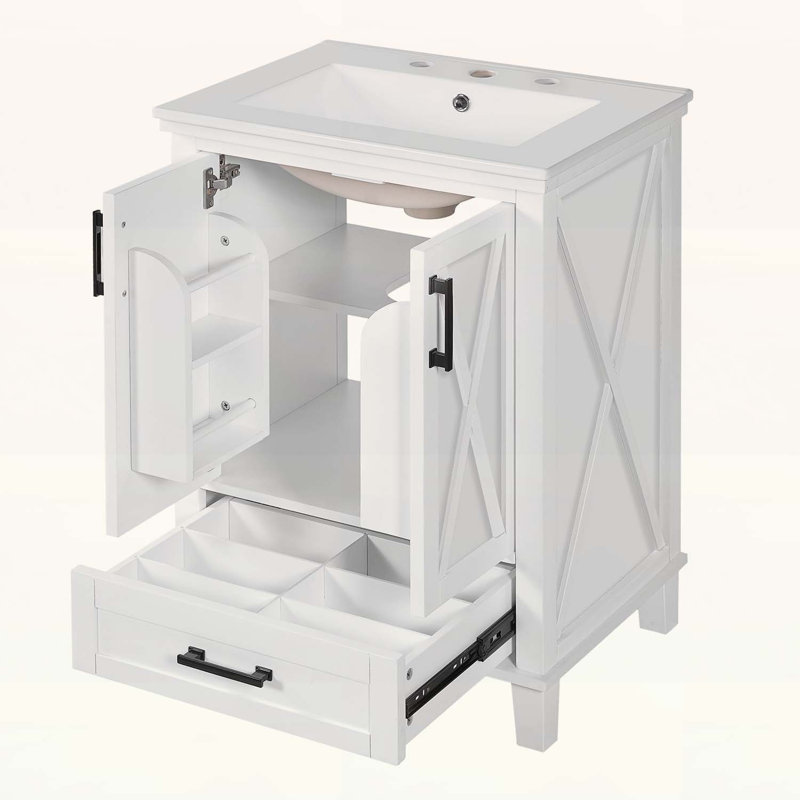 Meuble-lavabo moderne avec lavabo, rangement intelligent avec tiroir et tablettes, White