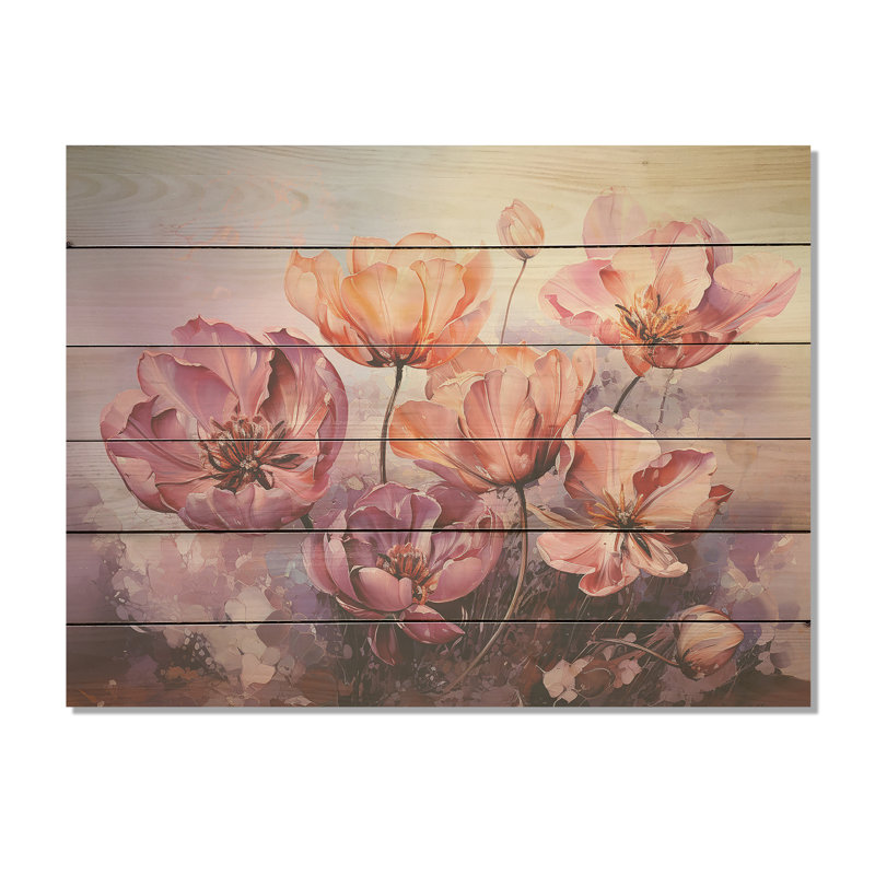 Farmhouse Ad Coral Tulips Florescence - Tulips Wood Wall Art On Natural Pine Wood, 10" H x 20" W