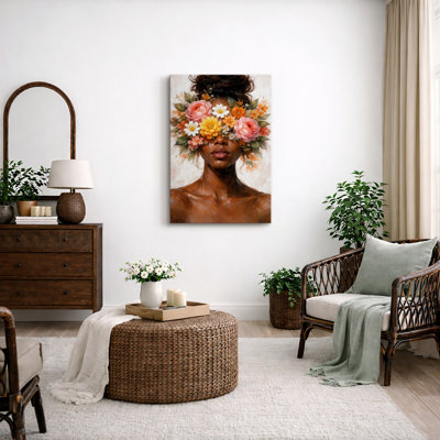 Floral Face Woman Portrait with Vibrant Blossoms Artwork, Bedroom Pictures, Framed Canvas Giclee Print Wall Art