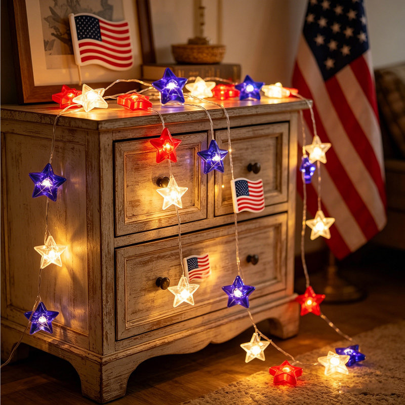 Guirlande de lumières à DEL sur le thème de la fête des États-Unis à thème drapeau des étoiles rouges et bleues