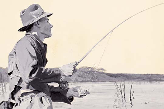 Pêche à la mouche-imprimé, H 28 po x l 42 po x P 1,5 po