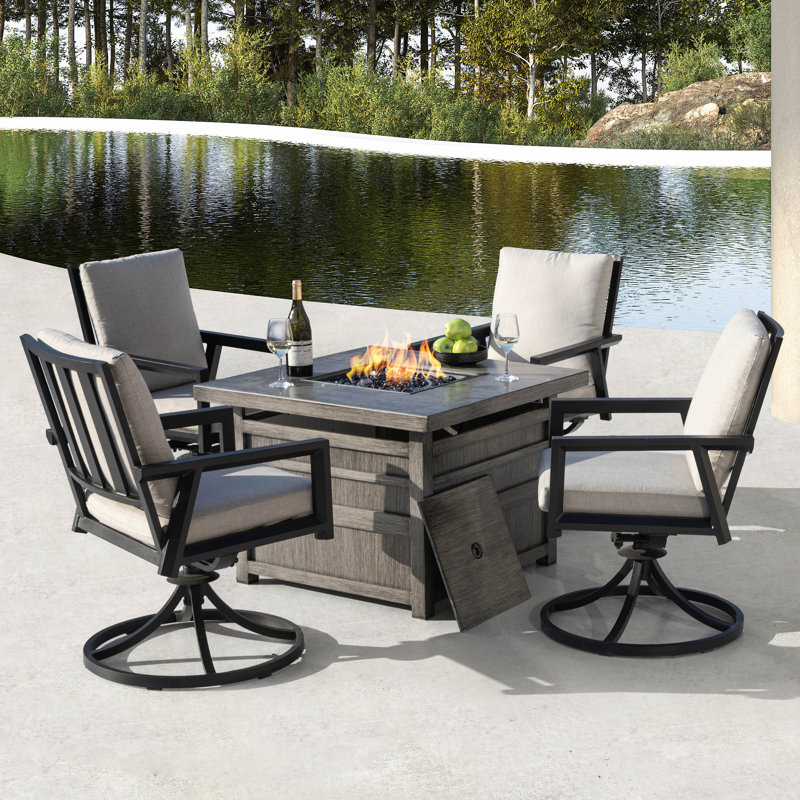 5-piece Outdoor Fire Pit Set With Swivel Dining Chairs, Zippered Cushions, 35in Propane Gas Fire Pit Table With Removable Lid 50,000 Btu And Glass Beads, For Garden Poolside Backyard, Black And Gray