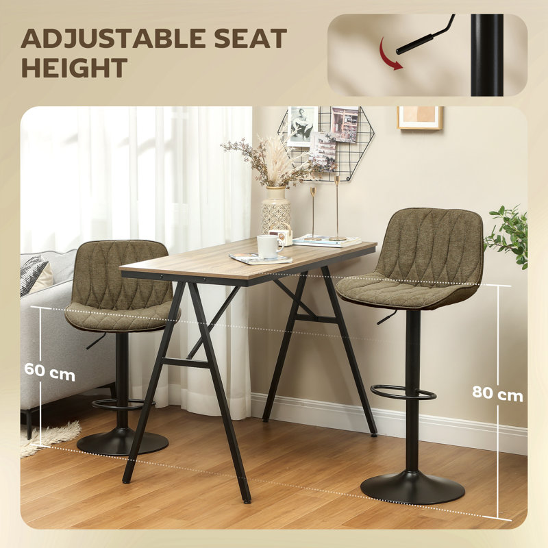 HOMCOM Bar Stools Height Adjustable with Backrest Footrest Set of 2, Brown