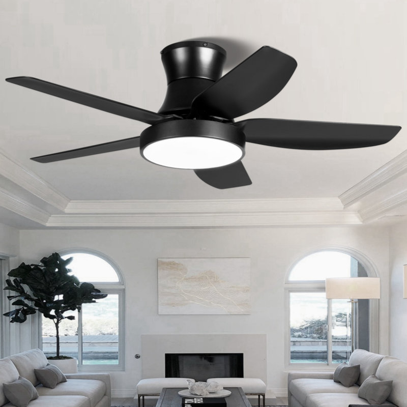Ventilateur de plafond encastré noir de 46 pouces avec lumière et télécommande, ventilateur de plafond à profil bas avec 5 pales, 3 lumières de couleur, 6 vitesses pour salon, chambre à coucher, chambre d'enfant, noir mat