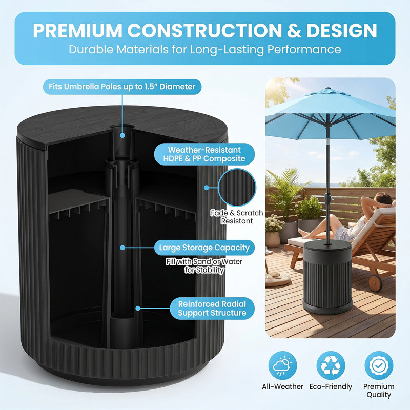 3-in-1 50Lbs PP Patio Side Table Umbrella Base with Storage, black