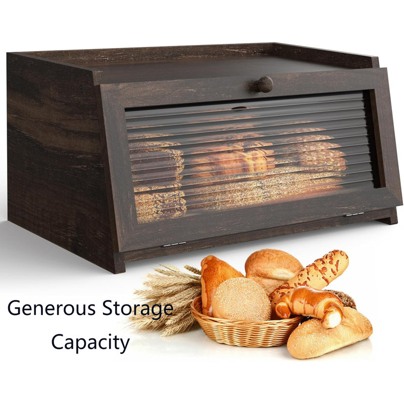 Large Dark Brown Wooden Bread Box with Window