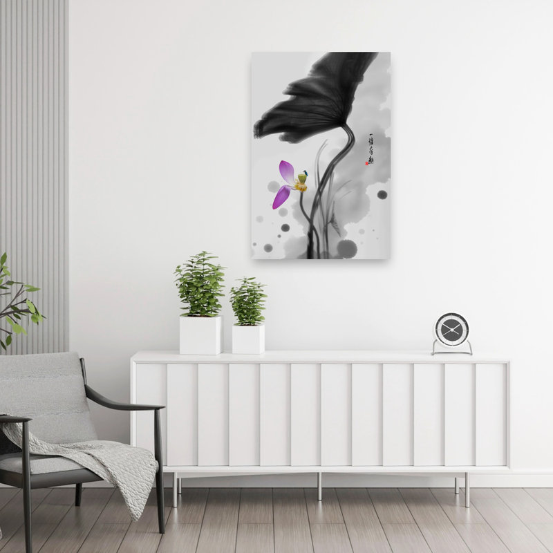 Pink Lotus Bird Delicate Elegant Minimalist Bird Lotus Flower Nature Wall Art Print 1 Piece Wrapped Canvas Wall Art