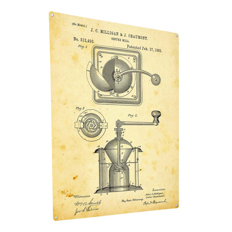 Brevet de moulin à café rétro sur impression métallique, H 15,5 po x l 11,5 po x P 0,04 po