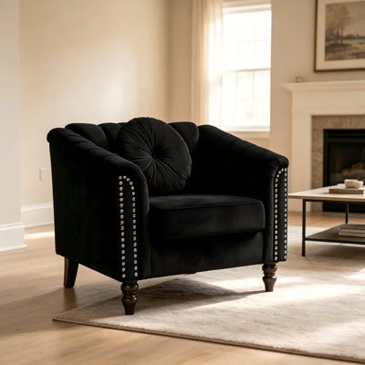 Velvet Chesterfield Accent Chair, Tufted Club Armchair with Nailhead Trim & Wood Legs for Living Room
