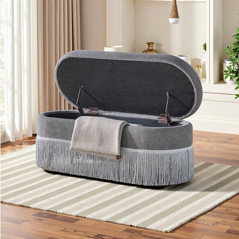 Repose-pieds ovale rembourré avec rangement à couvercle relevable et compartiment caché pour le salon ou la chambre à coucher