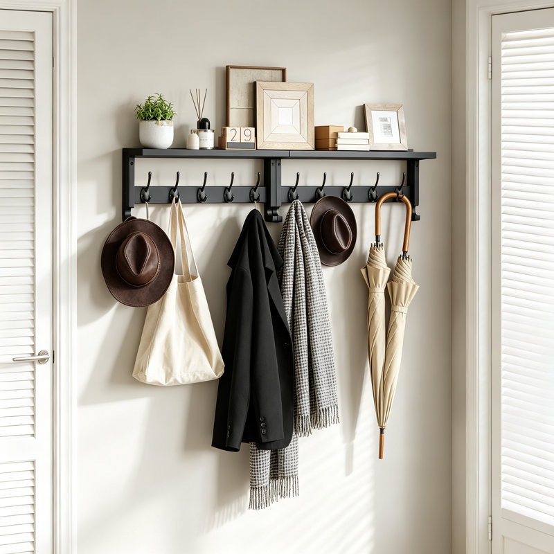 Porte-manteau mural avec tablette, crochets d'entrée en bois et supports métalliques robustes pour suspendre les manteaux, les chapeaux et les sacs dans l'entrée, la chambre ou la salle de bain. Décoration de style ferme moderne.