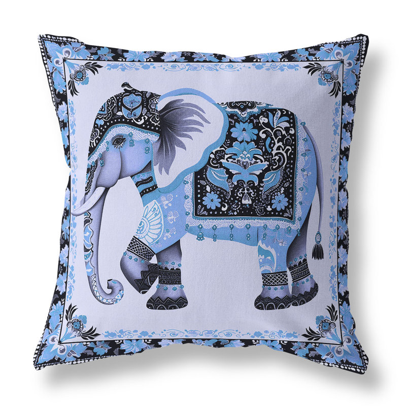 Coussin intérieur / extérieur Elephant Garden, Bleu / Noir, H 16 po x l 16 po