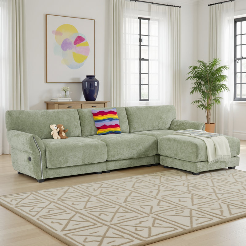 L-Shaped Modular Sectional Sofa 4-Seat Chenille Couch with USB/Type-C Chargers, Petal Armrests & Ottoman, Wood Frame