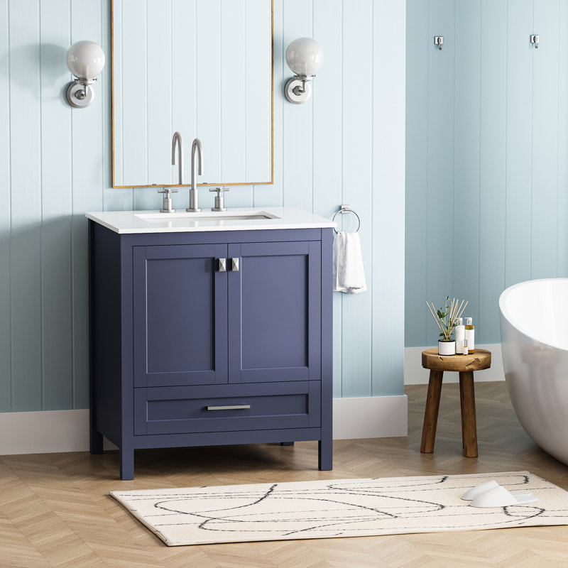 Meuble-lavabo bleu marine avec lavabo 30 po 24V03-30Nb. Entièrement assemblé. Comptoir en marbre. Structure en bois massif. Système de fermeture en douceur. Décoration moderne. P 30,18 po x l 18,5 po. H 33,4,4 lb.
