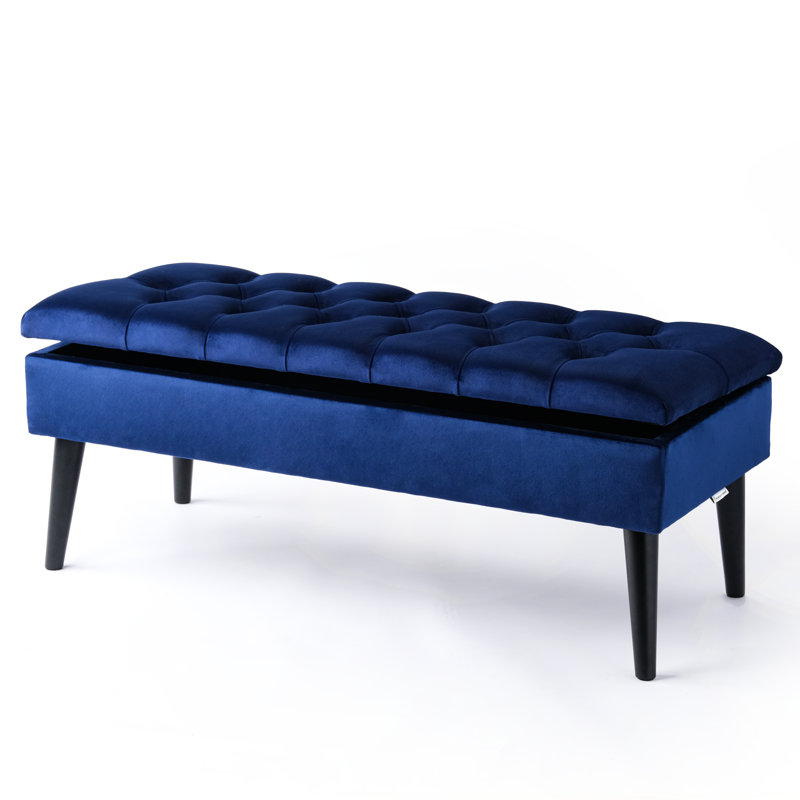 Thalassa Velvet Upholstered Storage Bench, H44 x W100 x D30cm, Dark Blue, Black