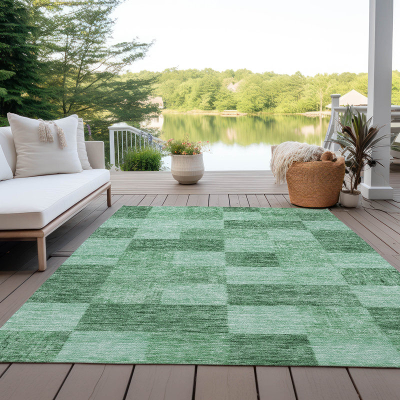 Green Checkerboard Synthetic Indoor Outdoor Area Rug