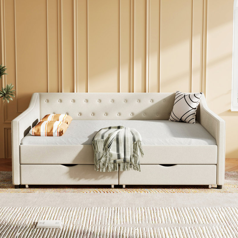 Lit de jour avec tiroirs, lit rembourré avec boutons capitonnés, Beige